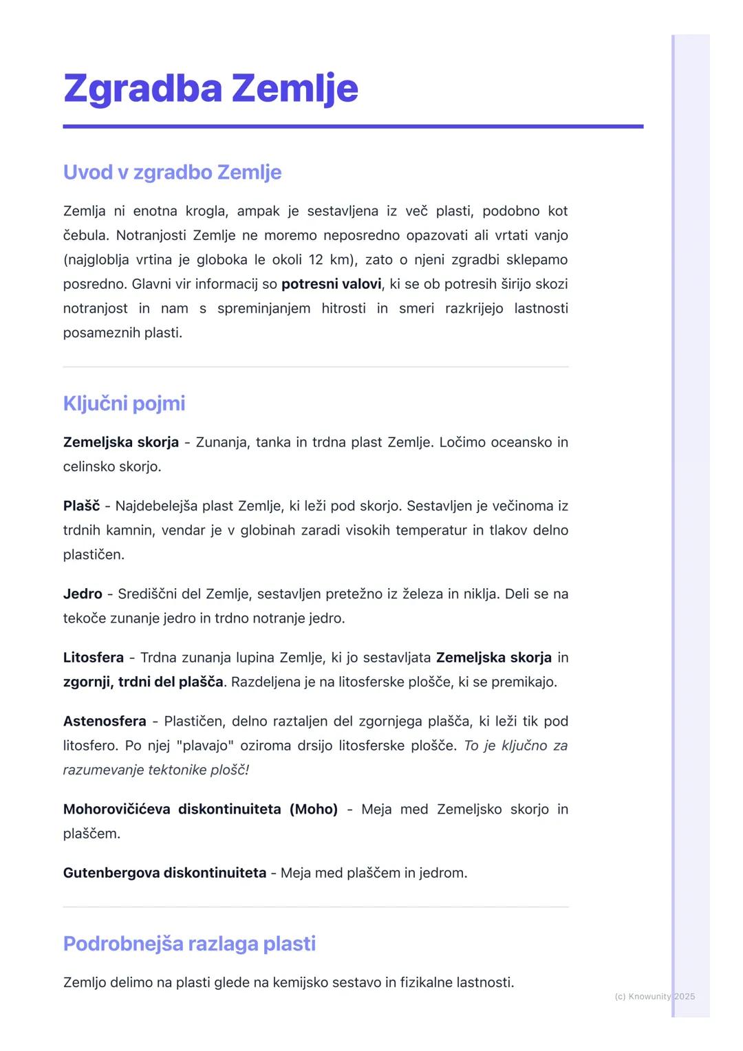 # Zgradba Zemlje

Uvod v zgradbo Zemlje

Zemlja ni enotna krogla, ampak je sestavljena iz več plasti, podobno kot
čebula. Notranjosti Zemlje