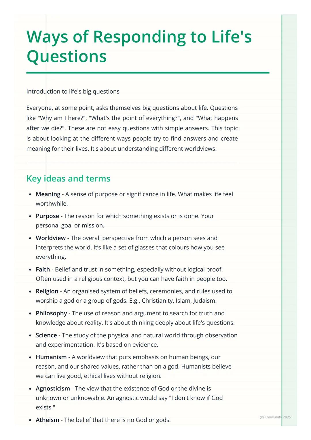# Ways of Responding to Life's
Questions

Introduction to life's big questions

Everyone, at some point, asks themselves big questions about