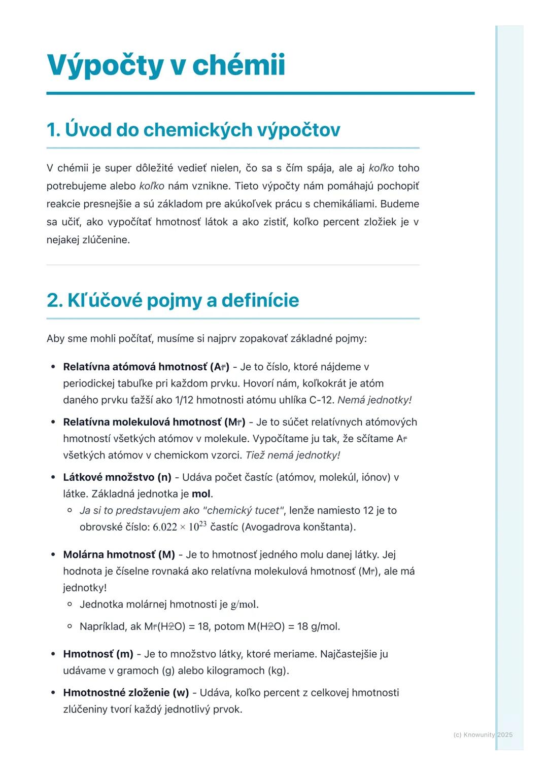 # Výpočty v chémii

## 1. Úvod do chemických výpočtov

V chémii je super dôležité vedieť nielen, čo sa s čím spája, ale aj koľko toho
potreb