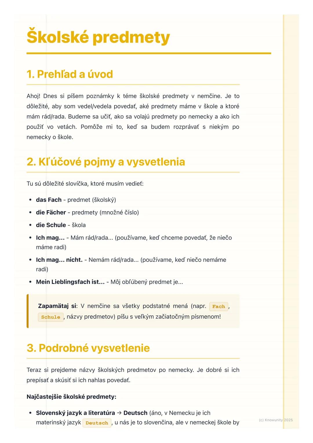 # Školské predmety

## 1. Prehľad a úvod

Ahoj! Dnes si píšem poznámky k téme školské predmety v nemčine. Je to
dôležité, aby som vedel/vede