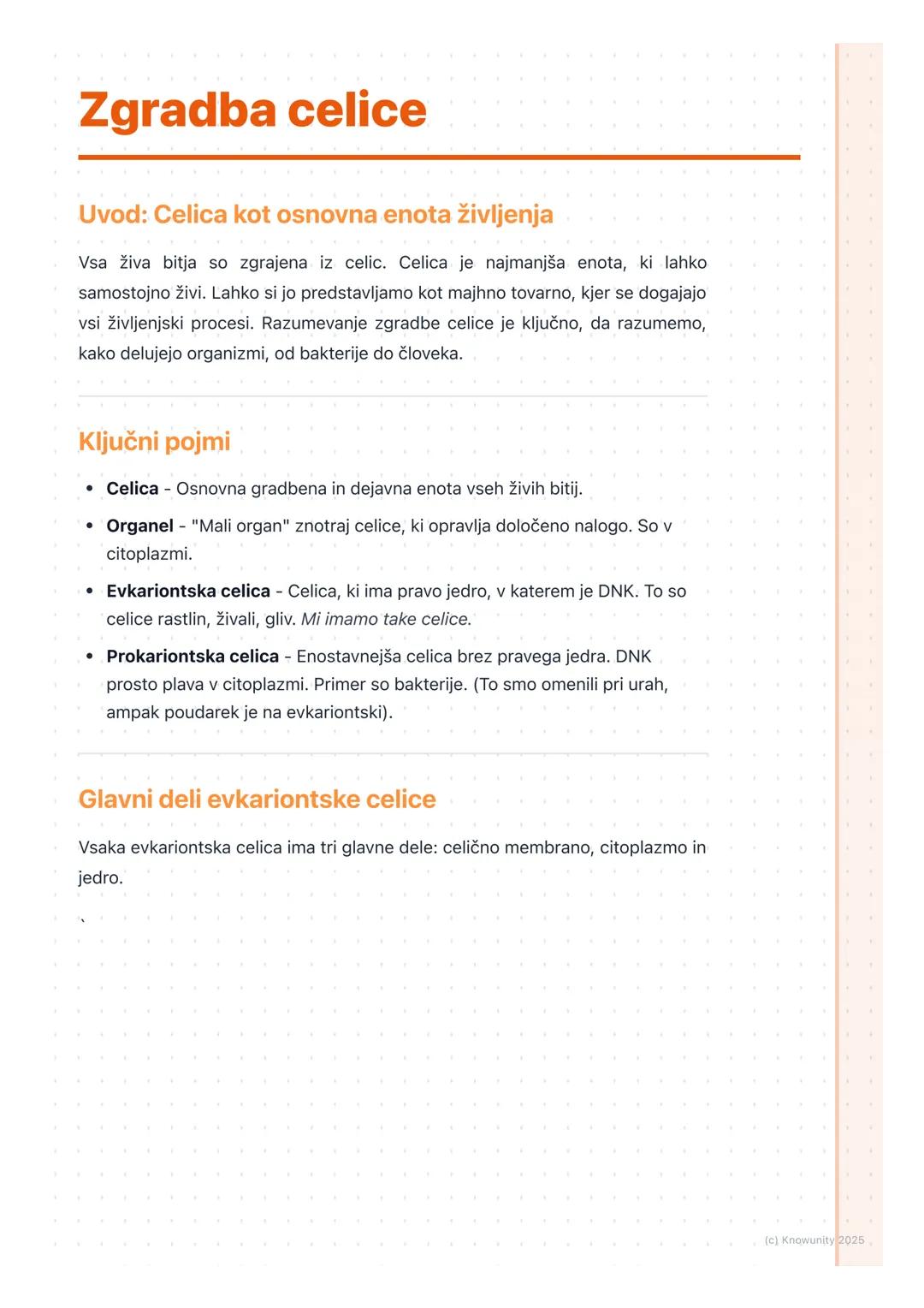 # Zgradba celice

Uvod: Celica kot osnovna enota življenja

Vsa živa bitja so zgrajena iz celic. Celica je najmanjša enota, ki lahko
samosto