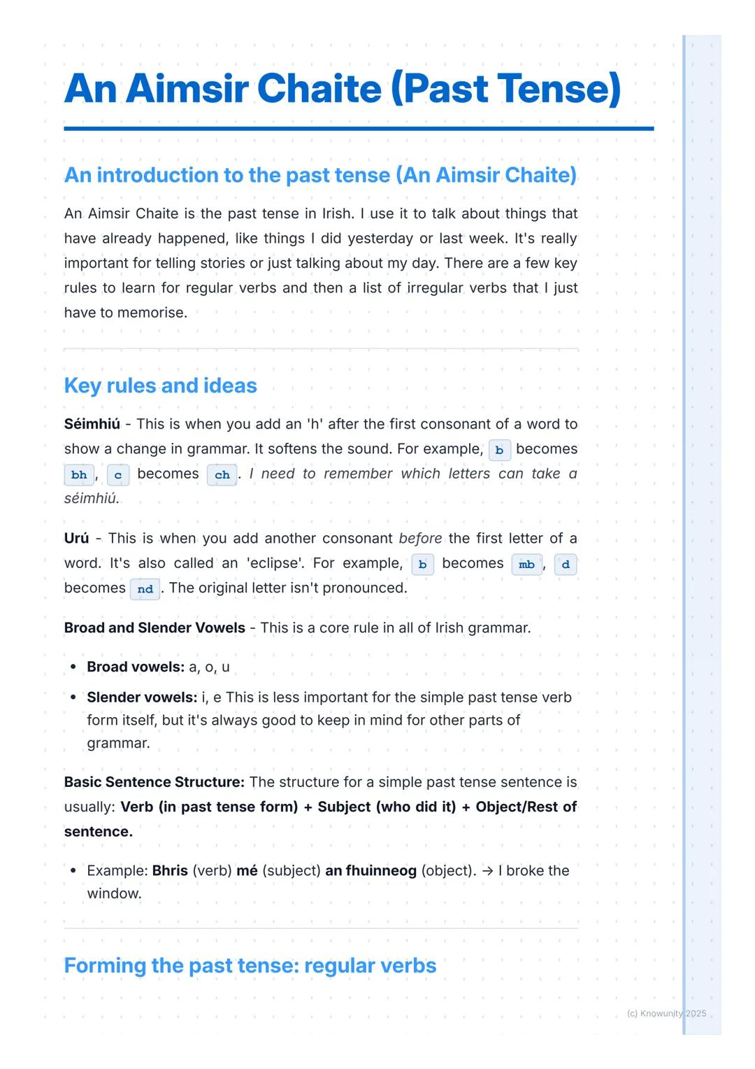# An Aimsir Chaite (Past Tense)

An introduction to the past tense (An Aimsir Chaite)

An Aimsir Chaite is the past tense in Irish. I use it