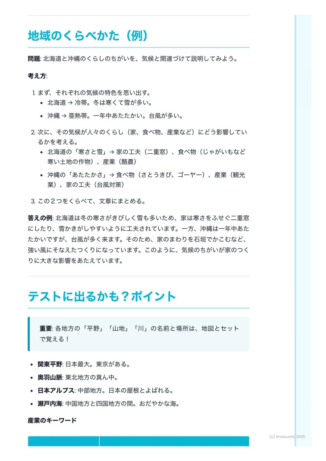 # 日本の主な地域と特色あるくら
し

## 日本の地域区分について

日本は、北から南までとても長い国。だから、場所によって気候や地形がぜんぜ
んちがう。そのちがいが、人々のくらしや産業に影響をあたえている。テスト
では、各地方の特色をくらべて答える問題がよく出るから、しっかり