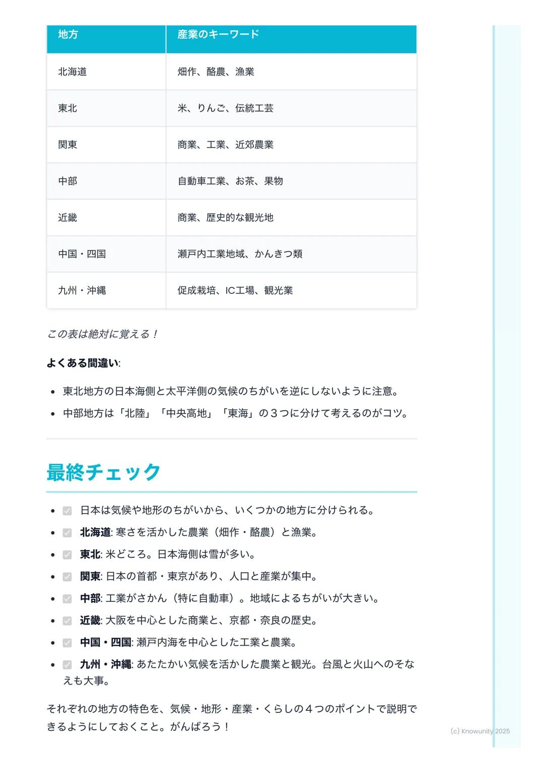 # 日本の主な地域と特色あるくら
し

## 日本の地域区分について

日本は、北から南までとても長い国。だから、場所によって気候や地形がぜんぜ
んちがう。そのちがいが、人々のくらしや産業に影響をあたえている。テスト
では、各地方の特色をくらべて答える問題がよく出るから、しっかり