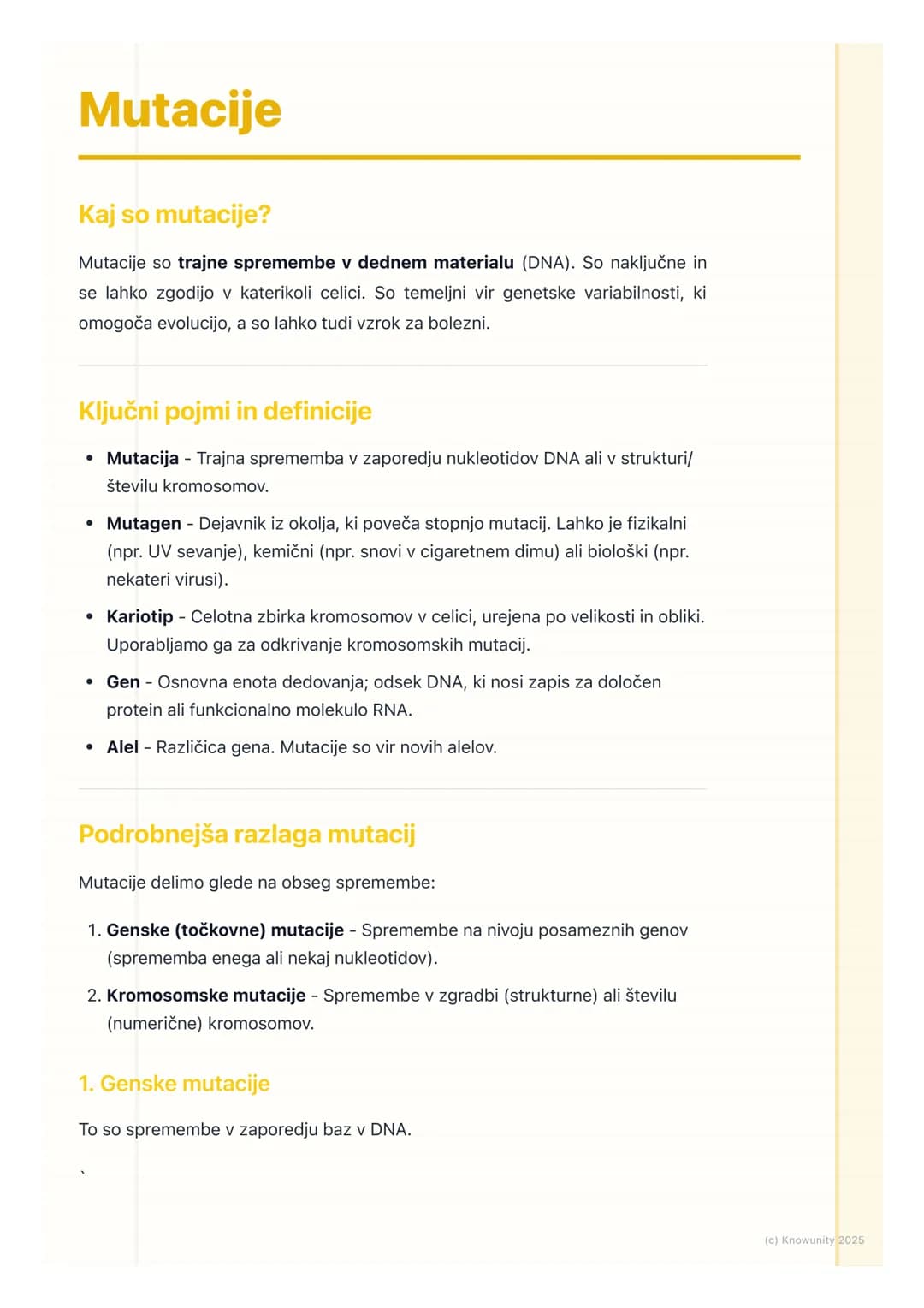 # Mutacije

Kaj so mutacije?

Mutacije so trajne spremembe v dednem materialu (DNA). So naključne in
se lahko zgodijo v katerikoli celici. S