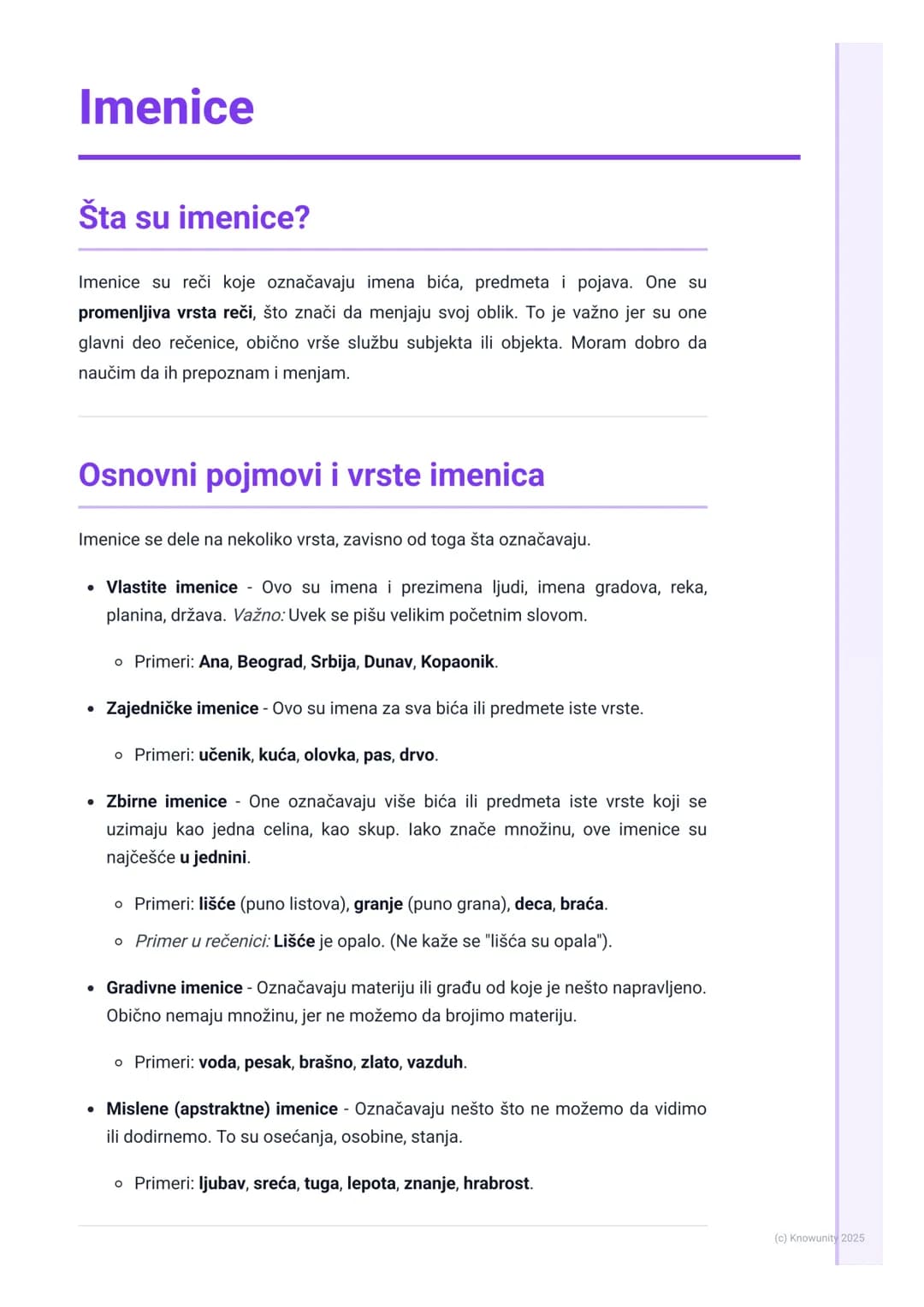 # Imenice

Šta su imenice?

Imenice su reči koje označavaju imena bića, predmeta i pojava. One su
promenljiva vrsta reči, što znači da menja