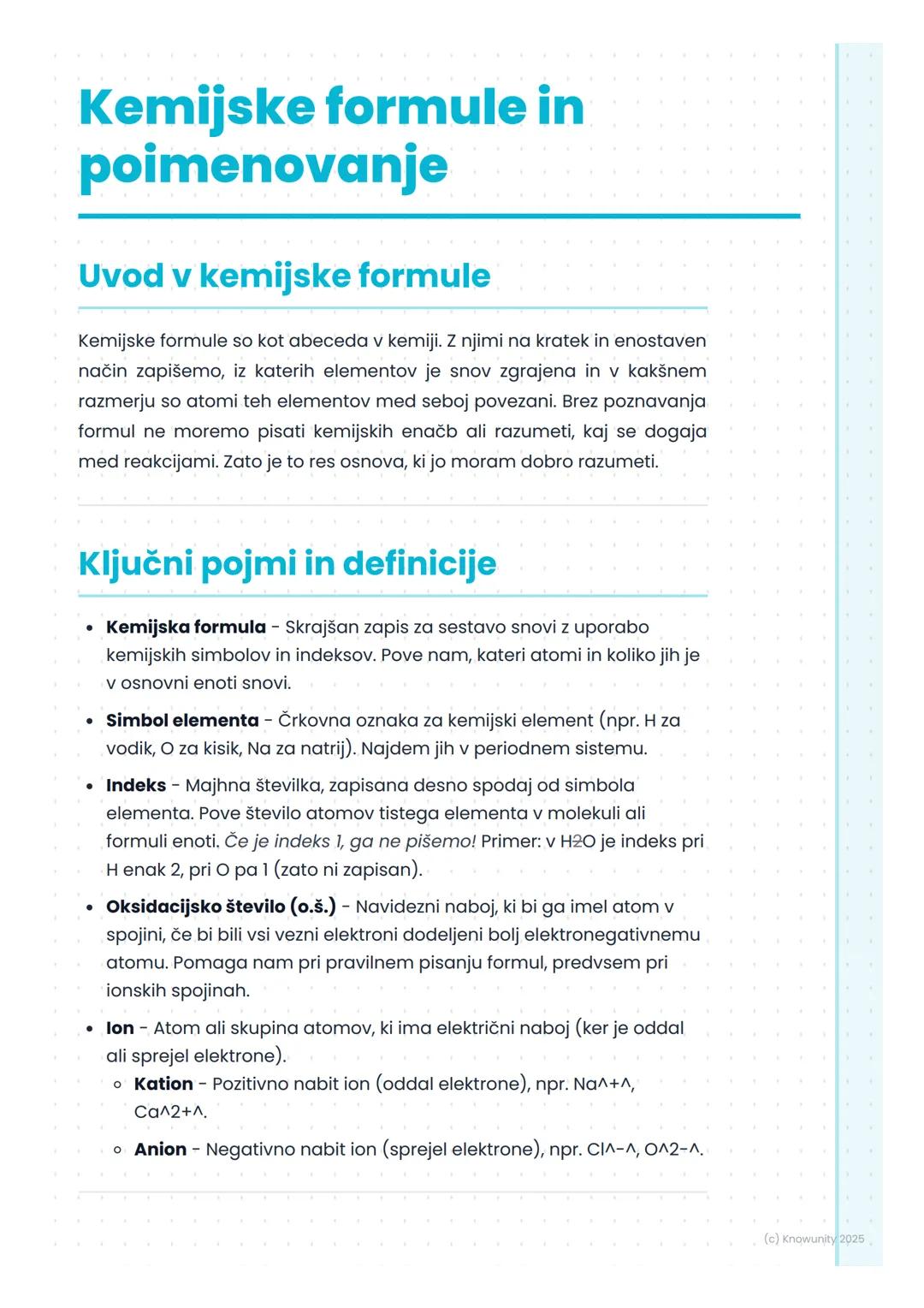 # Kemijske formule in
poimenovanje

Uvod v kemijske formule

Kemijske formule so kot abeceda v kemiji. Z njimi na kratek in enostaven
način 