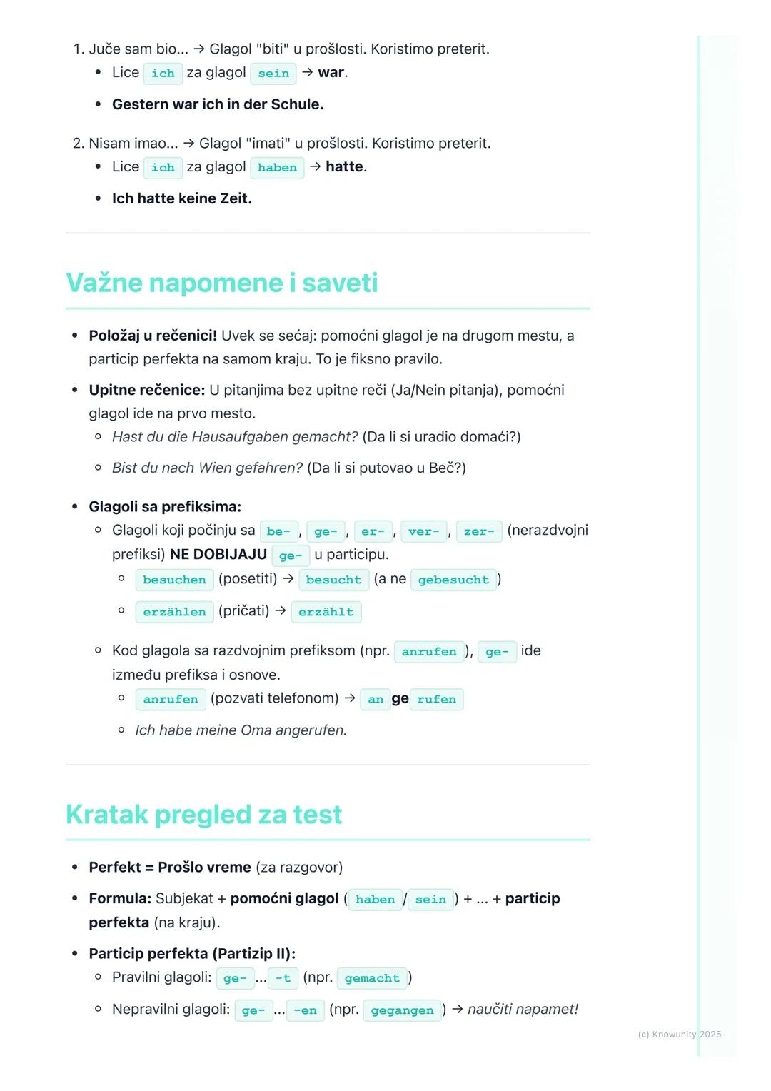 # Gramatika: Perfekt (prošlo
vreme), Präteritum glagola
'sein' i 'haben'

Uvod u perfekt

Perfekt je prošlo vreme u nemačkom jeziku. Koristi