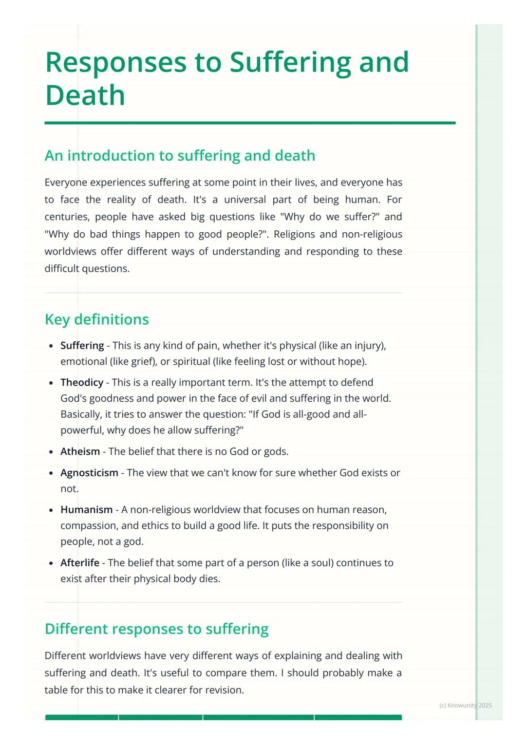# Responses to Suffering and
Death

An introduction to suffering and death

Everyone experiences suffering at some point in their lives, and