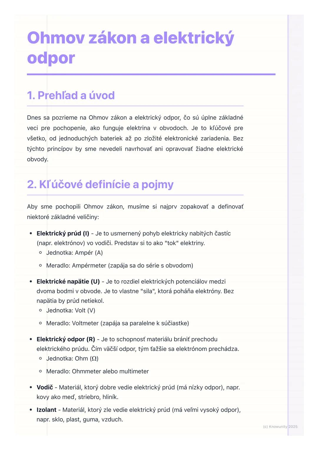 # Ohmov zákon a elektrický
odpor

1. Prehľad a úvod

Dnes sa pozrieme na Ohmov zákon a elektrický odpor, čo sú úplne základné
veci pre pocho