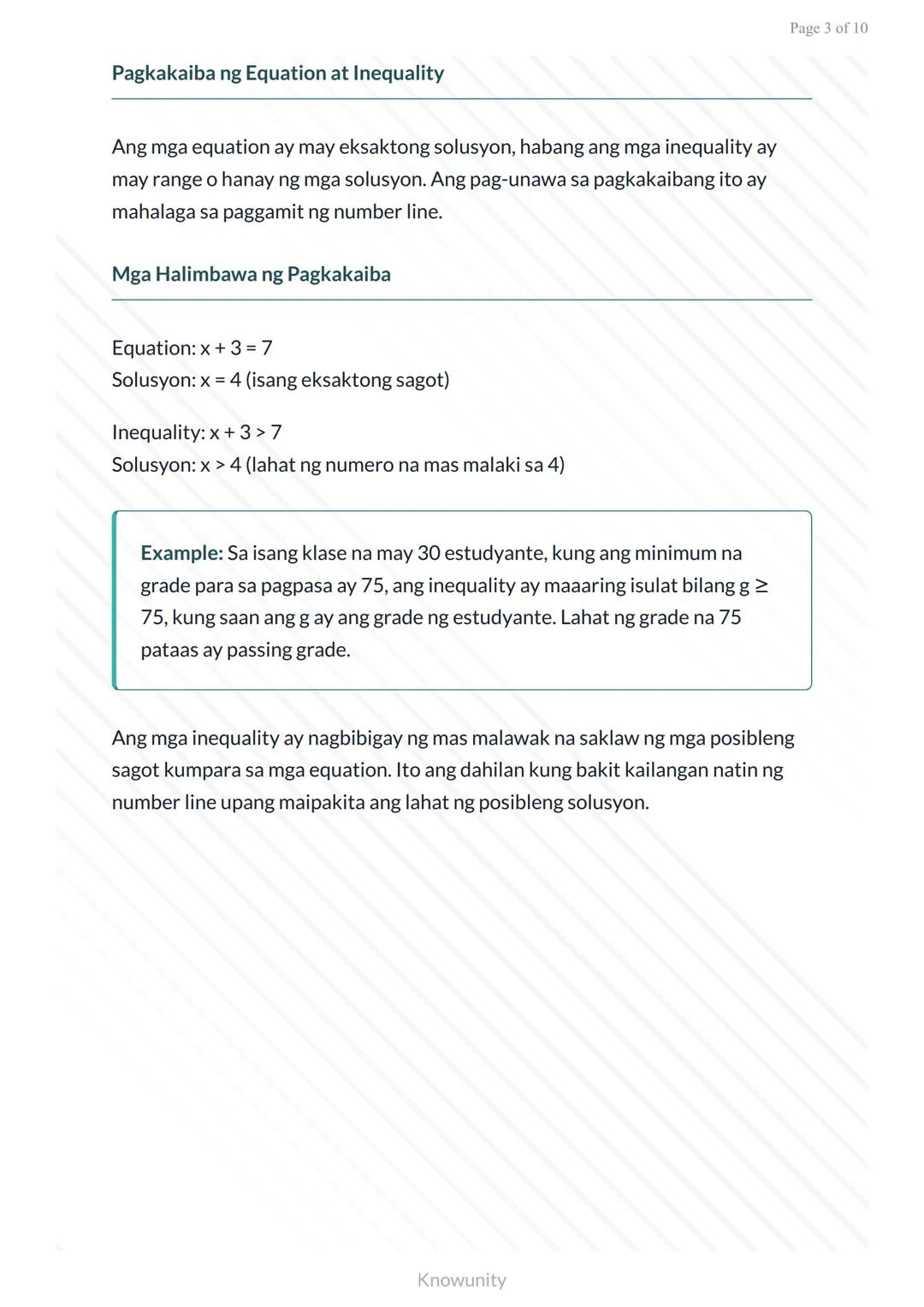 Mga Linear Equation at Inequality: Paglalarawan gamit sa Number Line
Pag-aaral ng mga linear inequality at paggamit ng number
line
Mga Layun