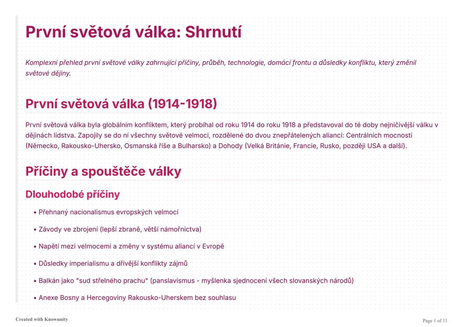 První světová válka: Shrnutí
Komplexní přehled první světové války zahrnující příčiny, průběh, technologie, domácí frontu a důsledky konflik
