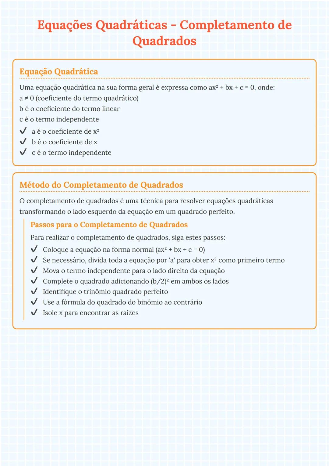 # Equações Quadráticas - Completamento de
Quadrados

## Equação Quadrática

Uma equação quadrática na sua forma geral é expressa como ax2 + 