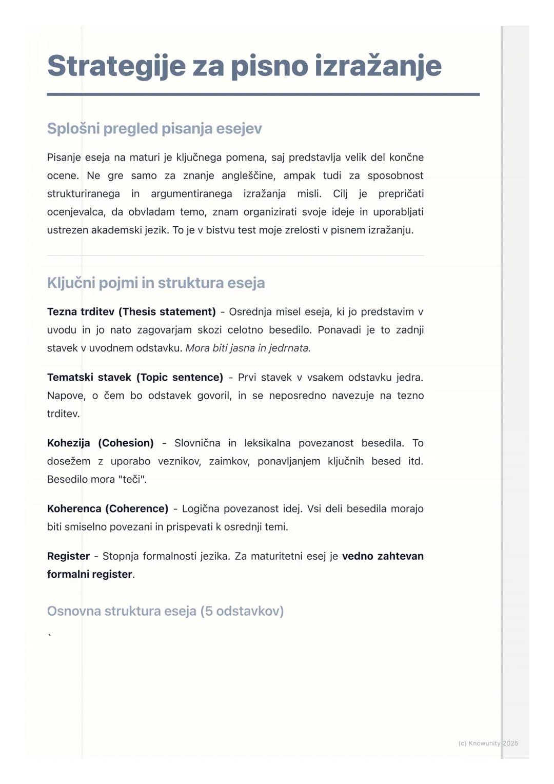 # Strategije za pisno izražanje

Splošni pregled pisanja esejev

Pisanje eseja na maturi je ključnega pomena, saj predstavlja velik del konč