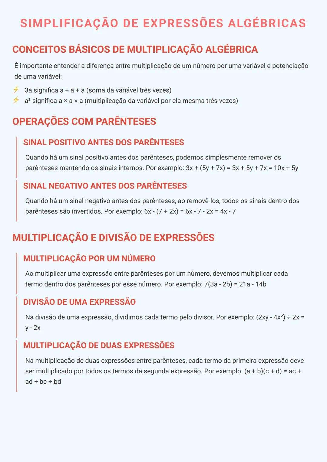 # SIMPLIFICAÇÃO DE EXPRESSÕES ALGÉBRICAS

CONCEITOS BÁSICOS DE MULTIPLICAÇÃO ALGÉBRICA

É importante entender a diferença entre multiplicaçã