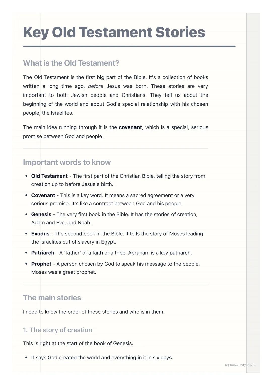 # Key Old Testament Stories

What is the Old Testament?

The Old Testament is the first big part of the Bible. It's a collection of books
wr