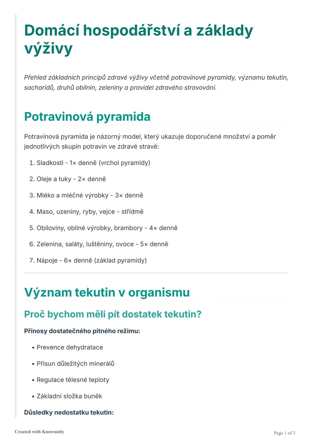 # Domácí hospodářství a základy
výživy

Přehled základních principů zdravé výživy včetně potravinové pyramidy, významu tekutin,
sacharidů, d