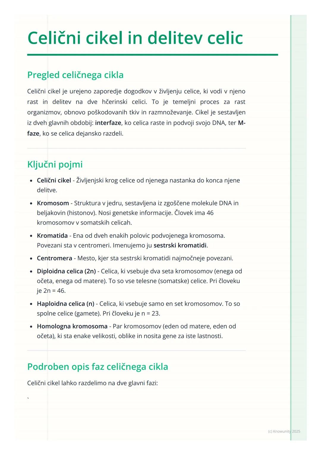 # Celični cikel in delitev celic

## Pregled celičnega cikla

Celični cikel je urejeno zaporedje dogodkov v življenju celice, ki vodi v njen