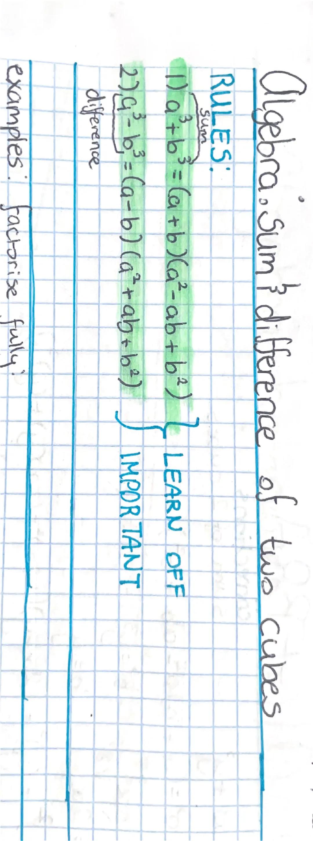 Algebra. Sum difference of two cubes

RULES:
Sum
1) a³+b³ = (a+b)(a²-ab+b²)
2)²-b²= (a-b) (a²+ab+b²)
difference

examples: factorise fully!
