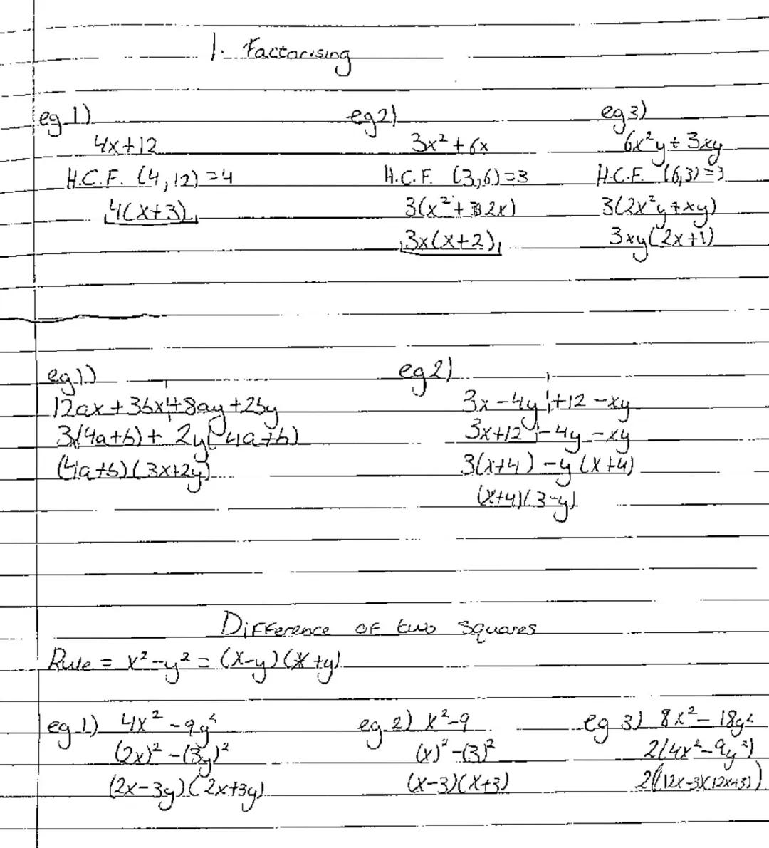 1. Factarising

(eg 1).
4x+12
H.C.F. (4, 12)=4
4(x+3)

eg21
3x²+6x
H.C.F. (3,6)=3
3(x²+2x)
3x(x+2),

eg 3)
6x²y + 3xy
H.C.F. (6,3)3
3(2x²y+x