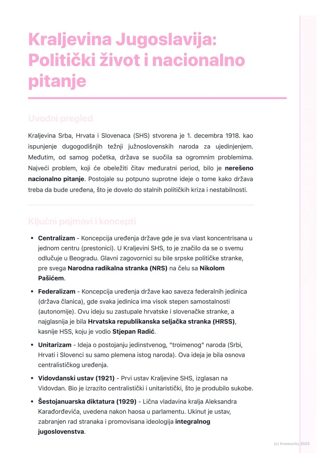 # Kraljevina Jugoslavija:
Politički život i nacionalno
pitanje

Uvodni pregled

Kraljevina Srba, Hrvata i Slovenaca (SHS) stvorena je 1. dec