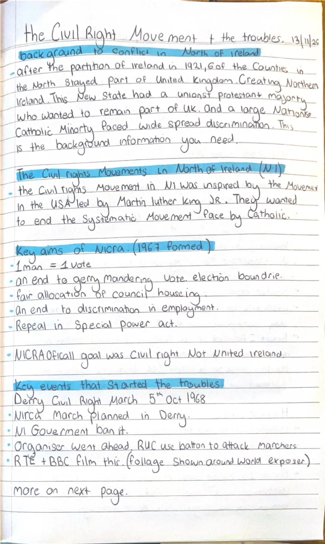 # the Civil Right Movement & the troubles. 13/11/25
back ground to conflict in
North of Ireland.
- after the partition of Ireland in 1921, 6