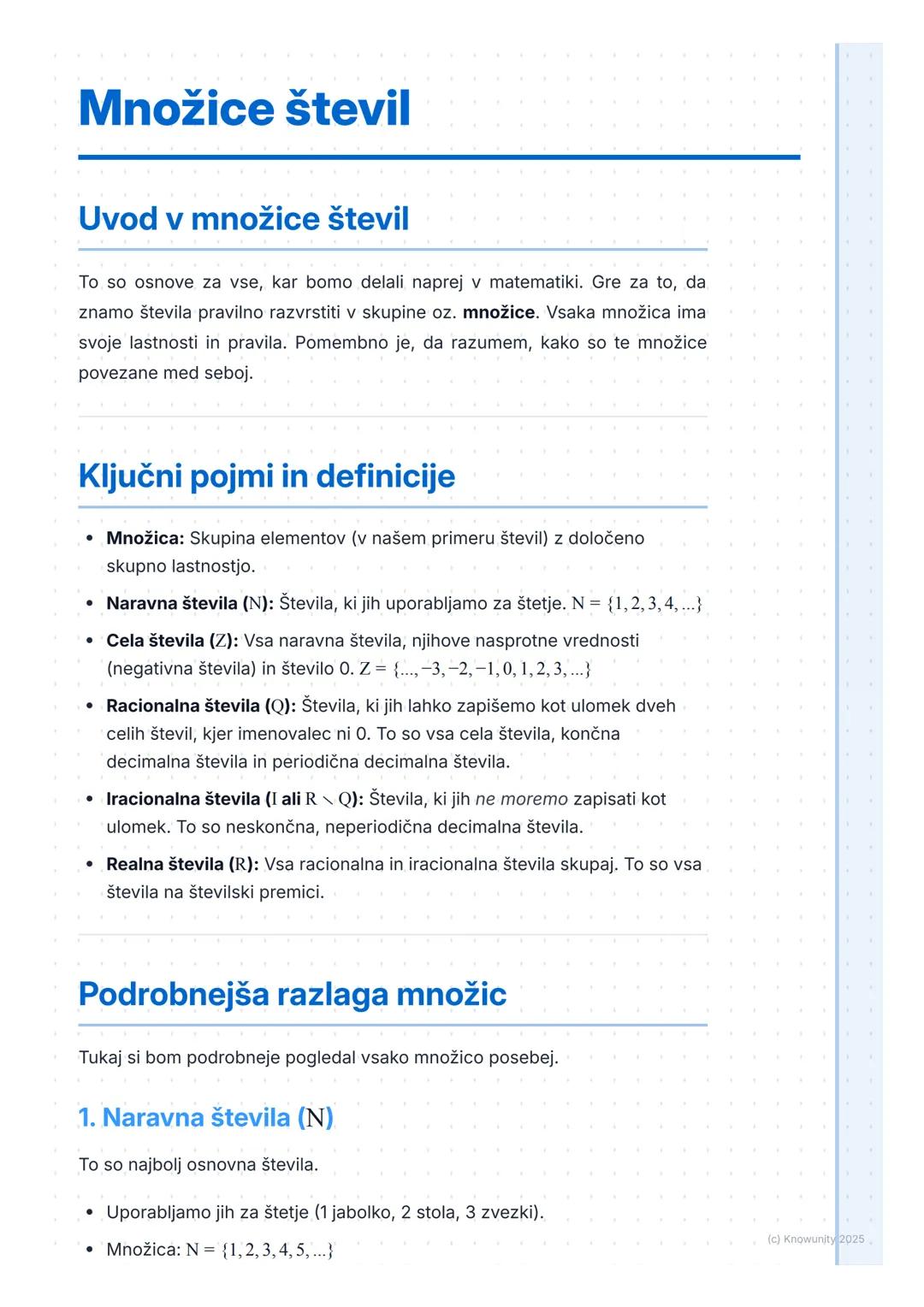 # Množice števil

## Uvod v množice števil

To so osnove za vse, kar bomo delali naprej v matematiki. Gre za to, da
znamo števila pravilno r