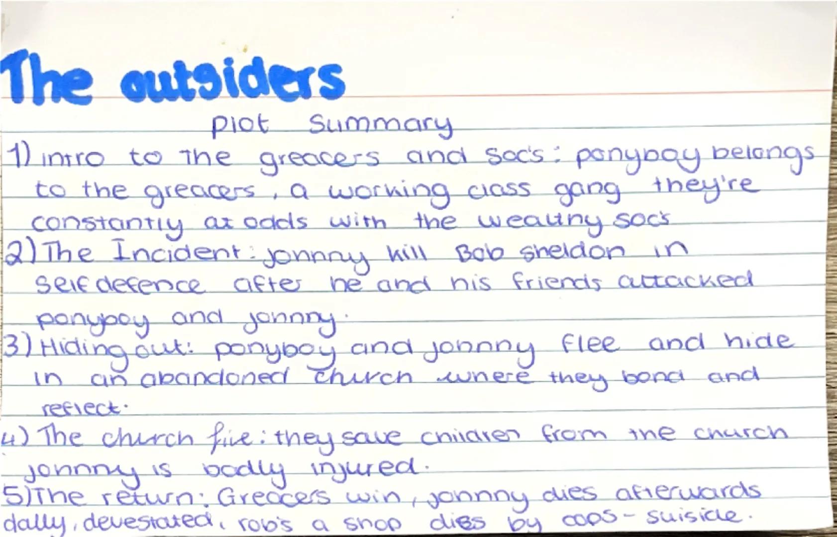 # The outsiders
main characters
ponyboy curtis: ilk yrs old narrator protagonist greaser
Sodapop Curtis: ponyboy goodlooking brother, drop-o