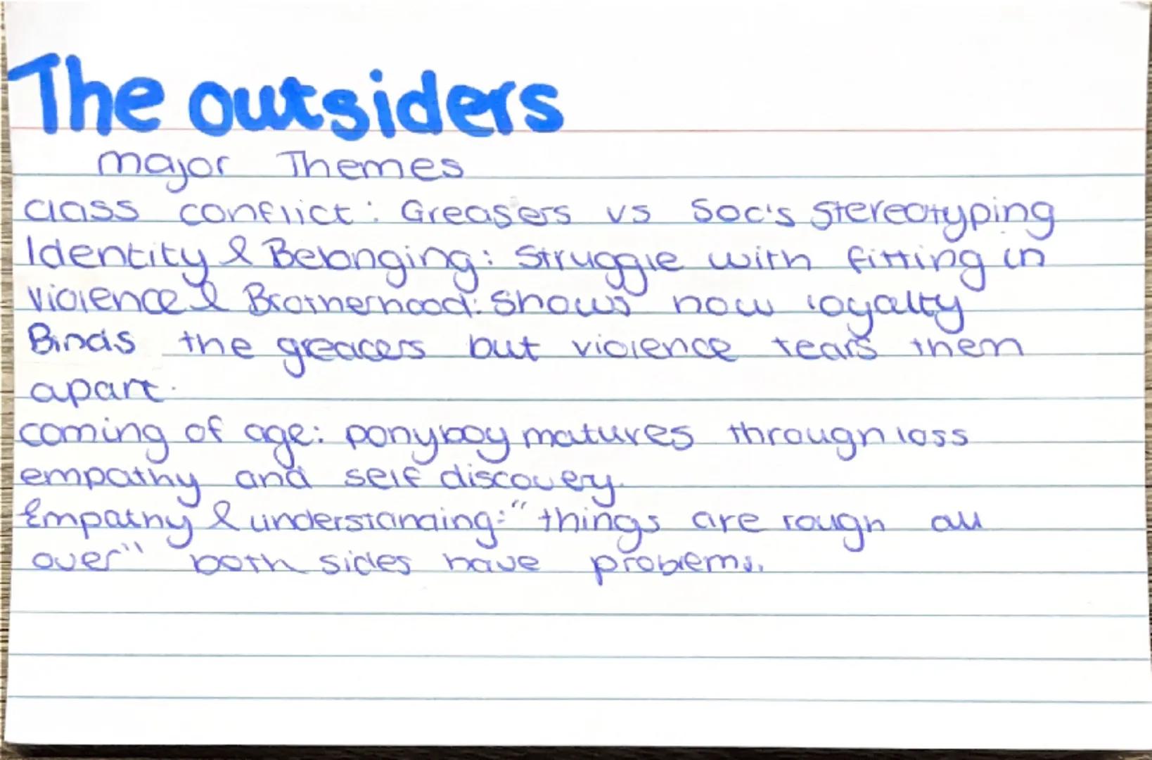# The outsiders
main characters
ponyboy curtis: ilk yrs old narrator protagonist greaser
Sodapop Curtis: ponyboy goodlooking brother, drop-o