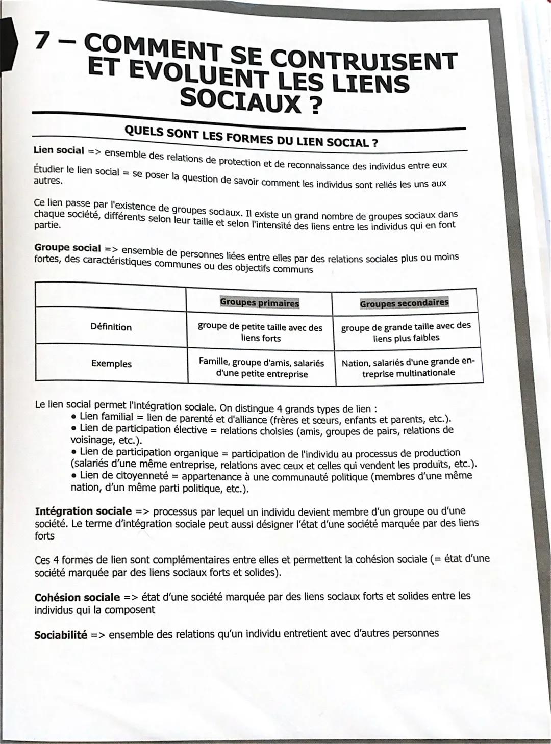 7 – COMMENT SE CONTRUISENT
ET EVOLUENT LES LIENS
SOCIAUX ?

QUELS SONT LES FORMES DU LIEN SOCIAL?

Lien social => ensemble des relations de 