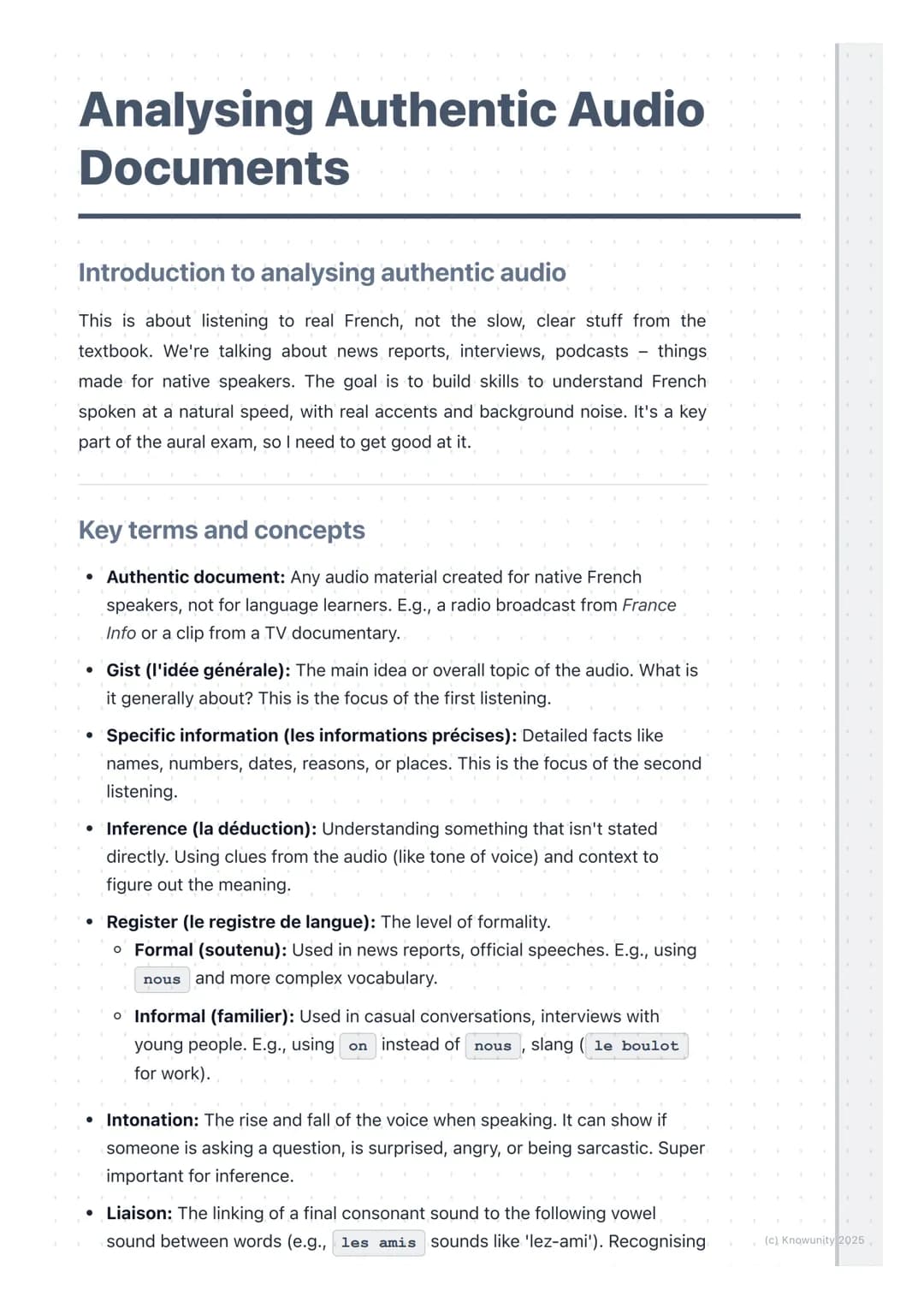 # Analysing Authentic Audio
## Documents

Introduction to analysing authentic audio

This is about listening to real French, not the slow, c