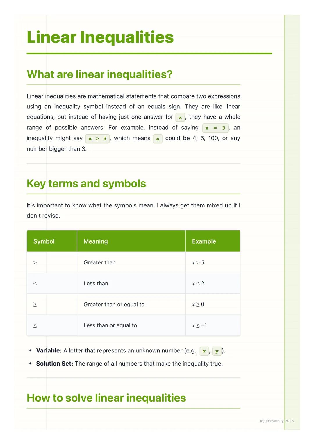 # Linear Inequalities

## What are linear inequalities?

Linear inequalities are mathematical statements that compare two expressions
using 