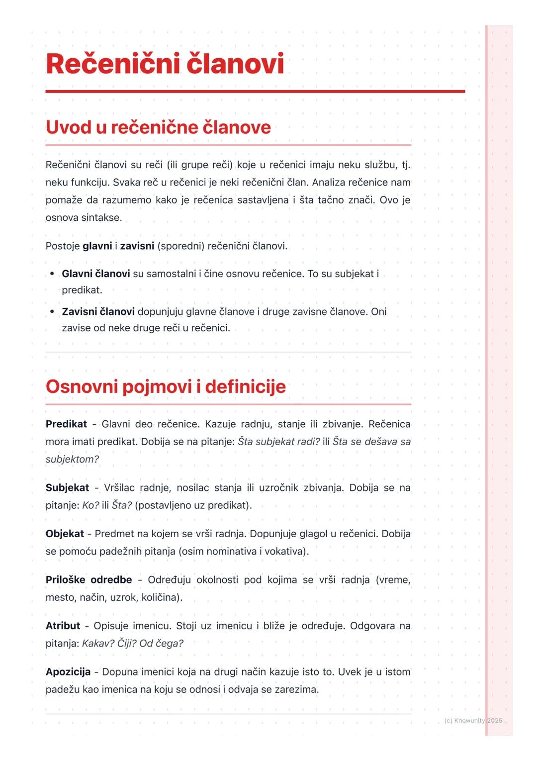 # Rečenični članovi

## Uvod u rečenične članove

Rečenični članovi su reči (ili grupe reči) koje u rečenici imaju neku službu, tj.
neku fun