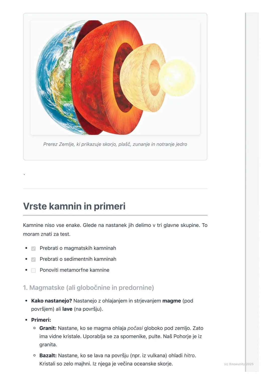 # Zgradba Zemlje

## Zgradba Zemlje: uvod

Zemlja ni samo velika skala, na kateri živimo. Če bi jo prerezali na pol, bi videli,
da je sestav