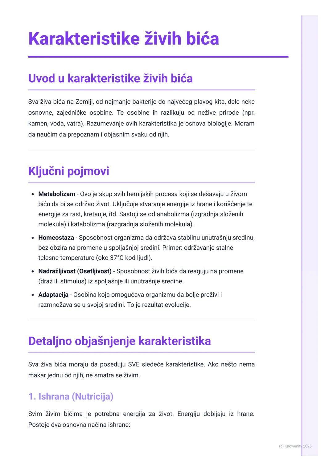 # Karakteristike živih bića

## Uvod u karakteristike živih bića

Sva živa bića na Zemlji, od najmanje bakterije do najvećeg plavog kita, de