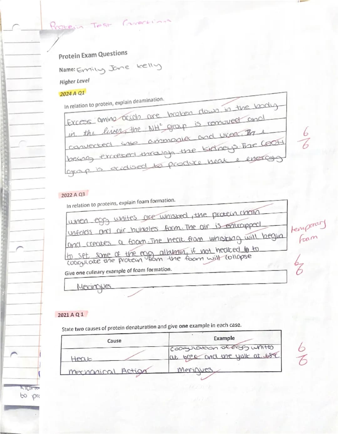 Protein Test
CONVECTION

Protein Exam Questions
Name: Emily Jane kelly
Higher Level
2024 A Q1
In relation to protein, explain deamination.
E