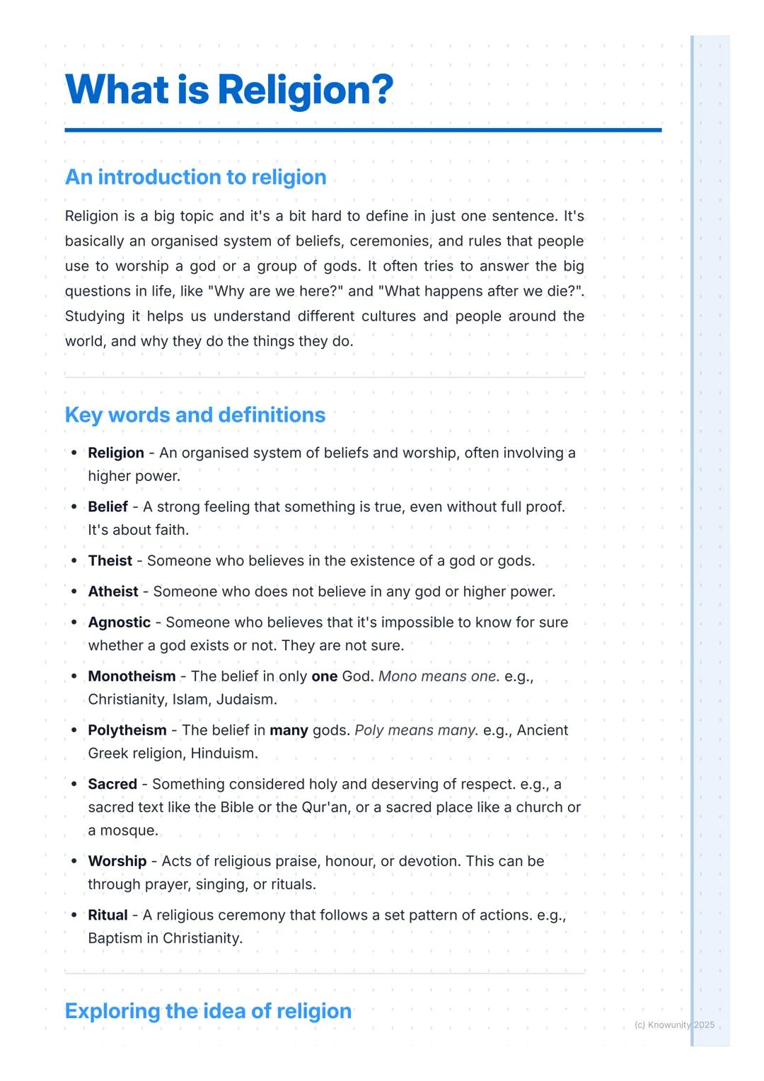 # What is Religion?

An introduction to religion

Religion is a big topic and it's a bit hard to define in just one sentence. It's
basically