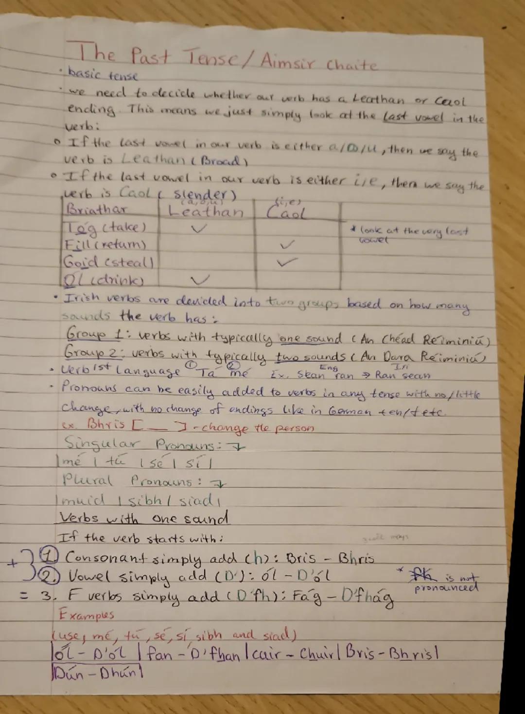 # The Past Tense / Aimsir Chaite

• basic tense

• we need to decicle whether our verb has a Leathan or Cecol
ending This means we just simp