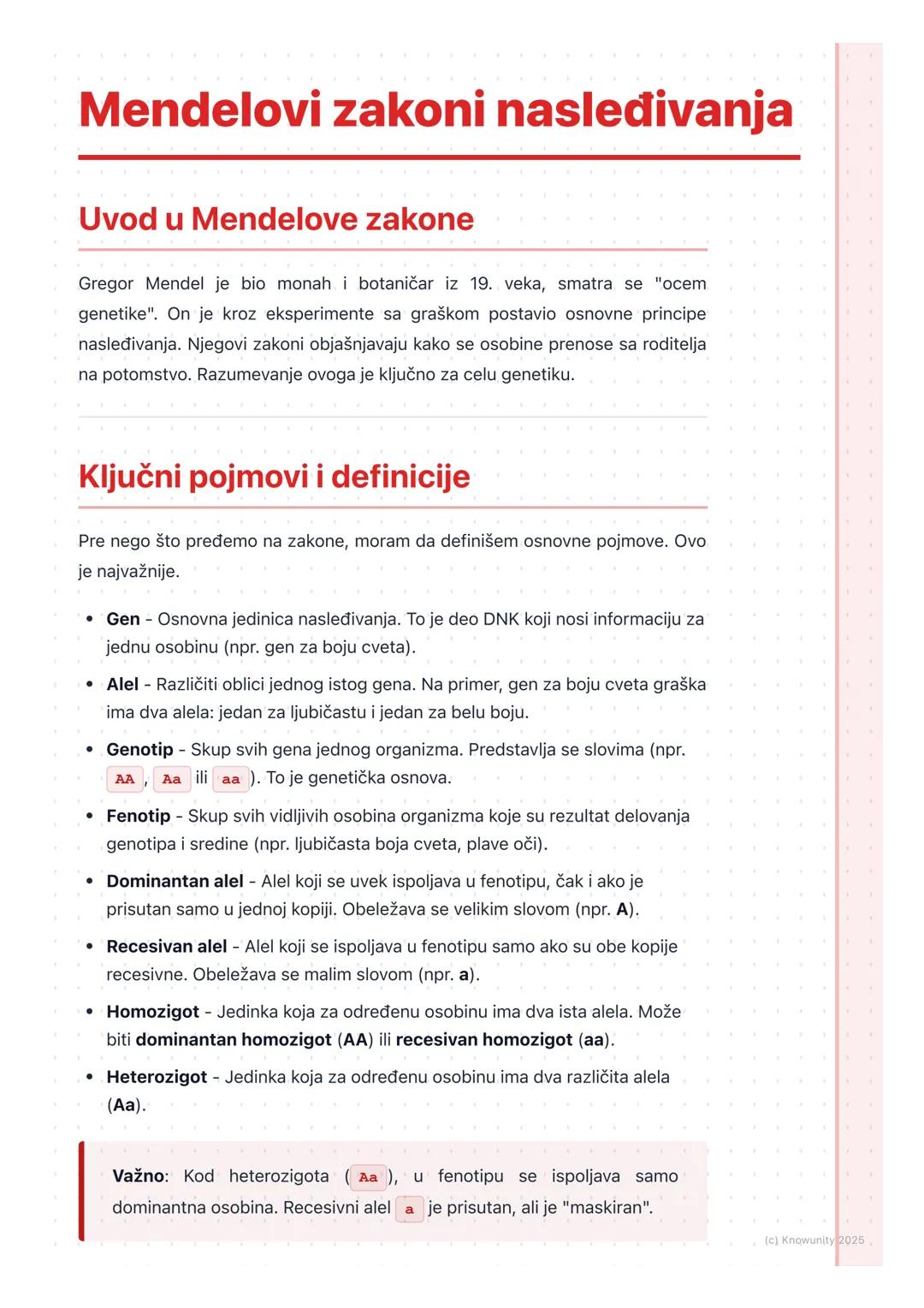 # Mendelovi zakoni nasleđivanja

Uvod u Mendelove zakone

Gregor Mendel je bio monah i botaničar iz 19. veka, smatra se "ocem
genetike". On 