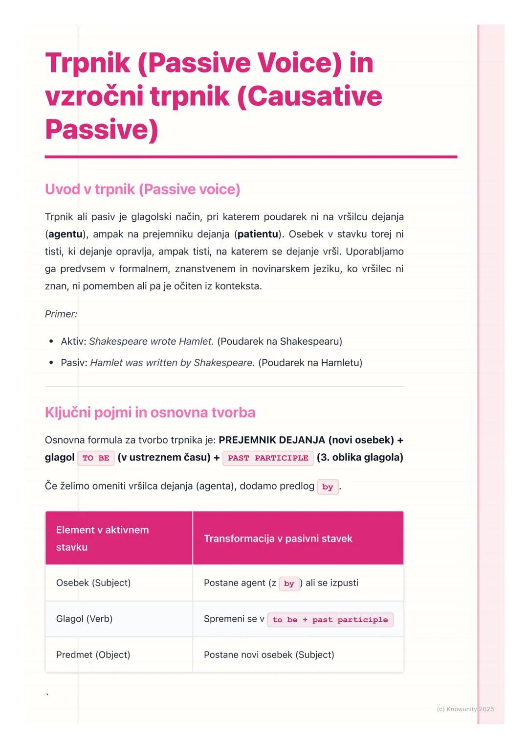 # Trpnik (Passive Voice) in
vzročni trpnik (Causative
Passive)

Uvod v trpnik (Passive voice)

Trpnik ali pasiv je glagolski način, pri kate
