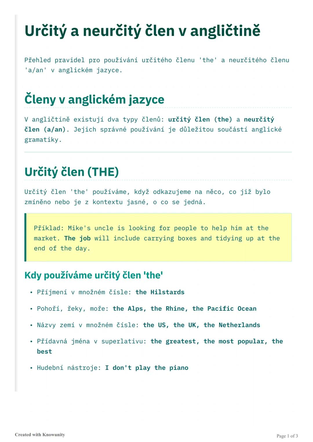 # Určitý a neurčitý člen v angličtině

Přehled pravidel pro používání určitého členu 'the' a neurčitého členu
'a/an' v anglickém jazyce.

##