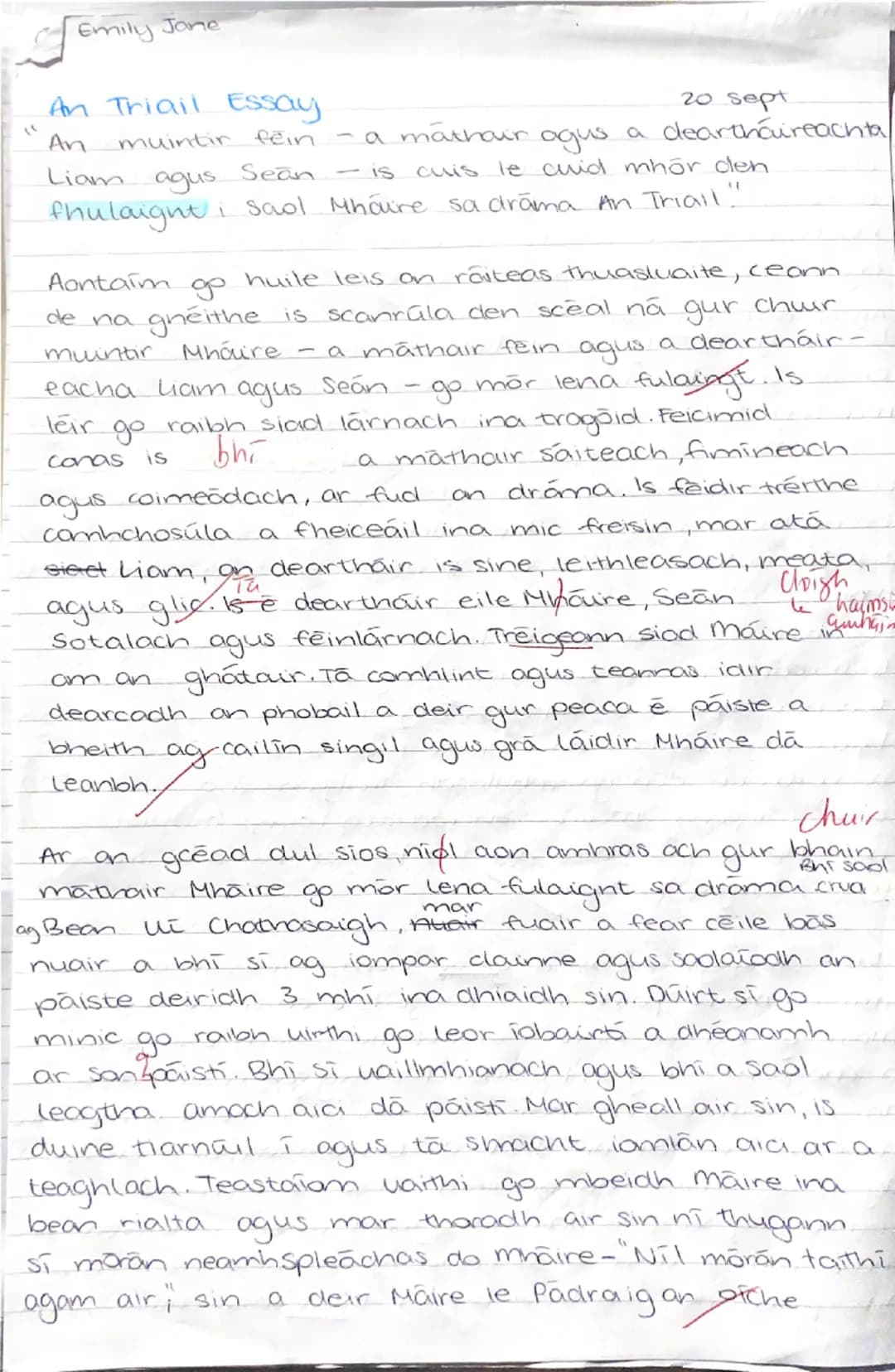 Emily Jone

An Triail Essay
20 sept
"An muintir fein - a máthair agus a deartháireachta
Liam agus Sean - is cuis le cuid mhör den
fhulaight 