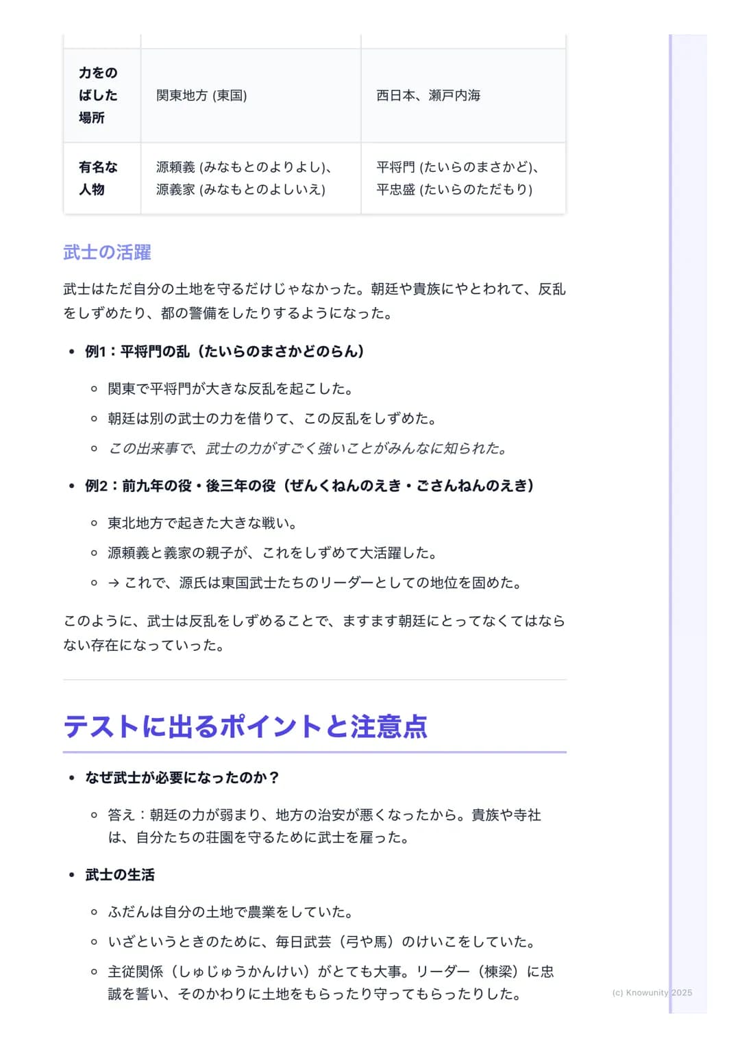 # 武士の登場

武士のおこり

平安時代の途中から、貴族の世の中に変化が起きて、武士という新しい力を持つ
人たちが現れた。どうして武士が生まれて、どうやって力をつけていったのか
をまとめる。これが後の鎌倉時代につながるから、すごく大事なところ。

大事な言葉

武士(ぶし) も