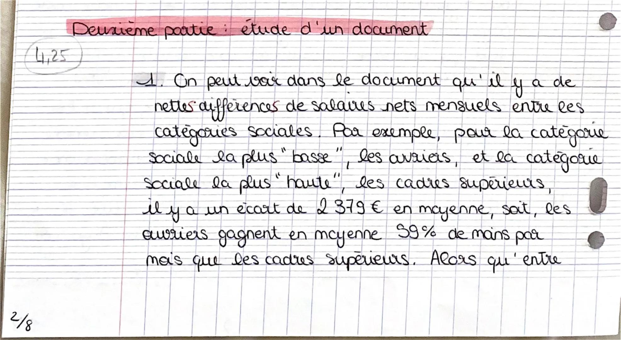 2/8

4,25

Deuxième partie : étude d'un document

1. On peut voir dans le document qu'il y a de
netter differences de salaires nets mensuels
