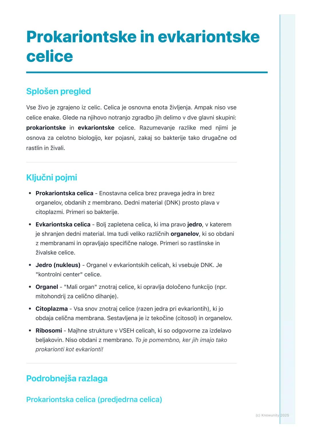 # Prokariontske in evkariontske
celice

Splošen pregled

Vse živo je zgrajeno iz celic. Celica je osnovna enota življenja. Ampak niso vse
ce