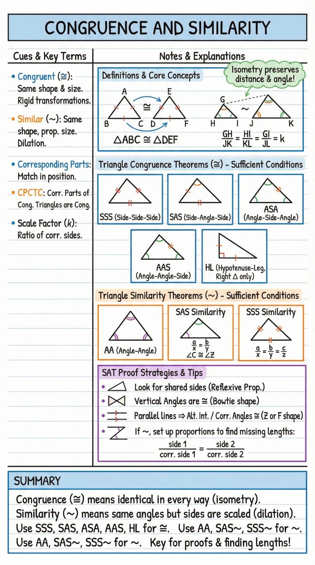 # CONGRUENCE AND SIMILARITY

| Cues & Key Terms | Notes & Explanations |
| ----------- | ----------- |
| - Congruent ($\cong$):
Same shape &
