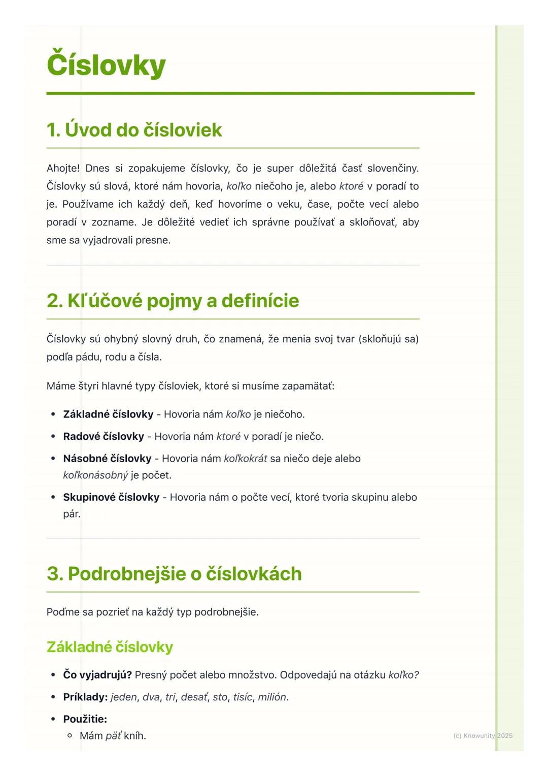 # Číslovky

1. Úvod do čísloviek

Ahojte! Dnes si zopakujeme číslovky, čo je super dôležitá časť slovenčiny.
Číslovky sú slová, ktoré nám ho