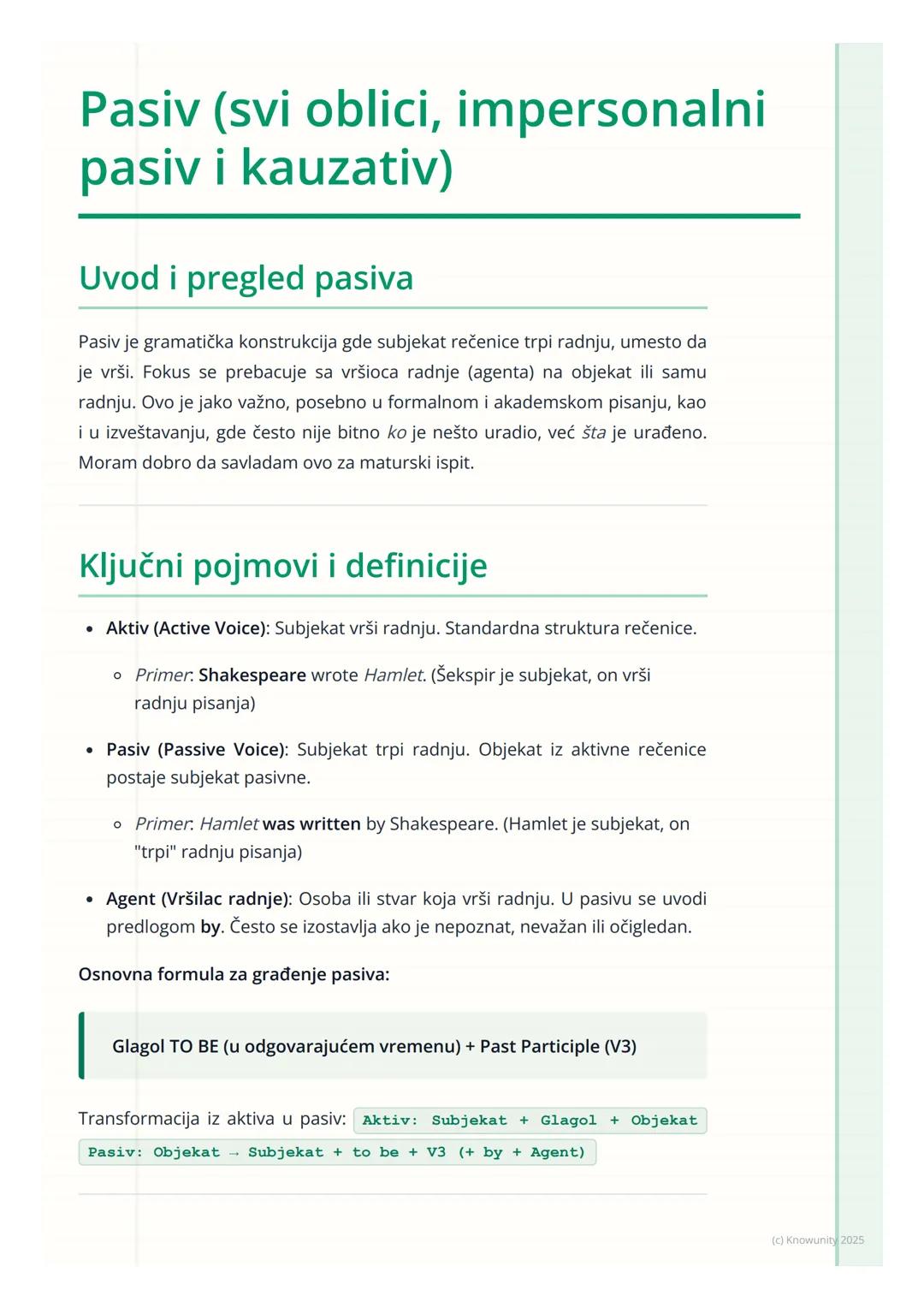 # Pasiv (svi oblici, impersonalni
pasiv i kauzativ)

Uvod i pregled pasiva

Pasiv je gramatička konstrukcija gde subjekat rečenice trpi radn
