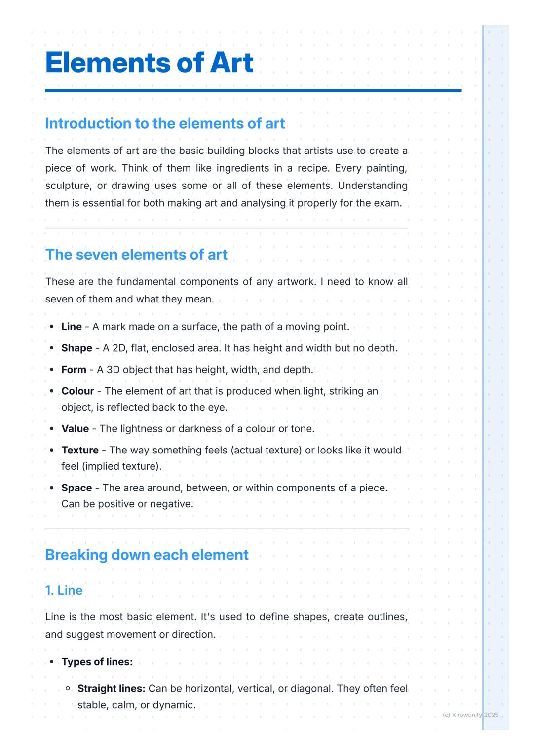 # Elements of Art

Introduction to the elements of art

The elements of art are the basic building blocks that artists use to create a
piece