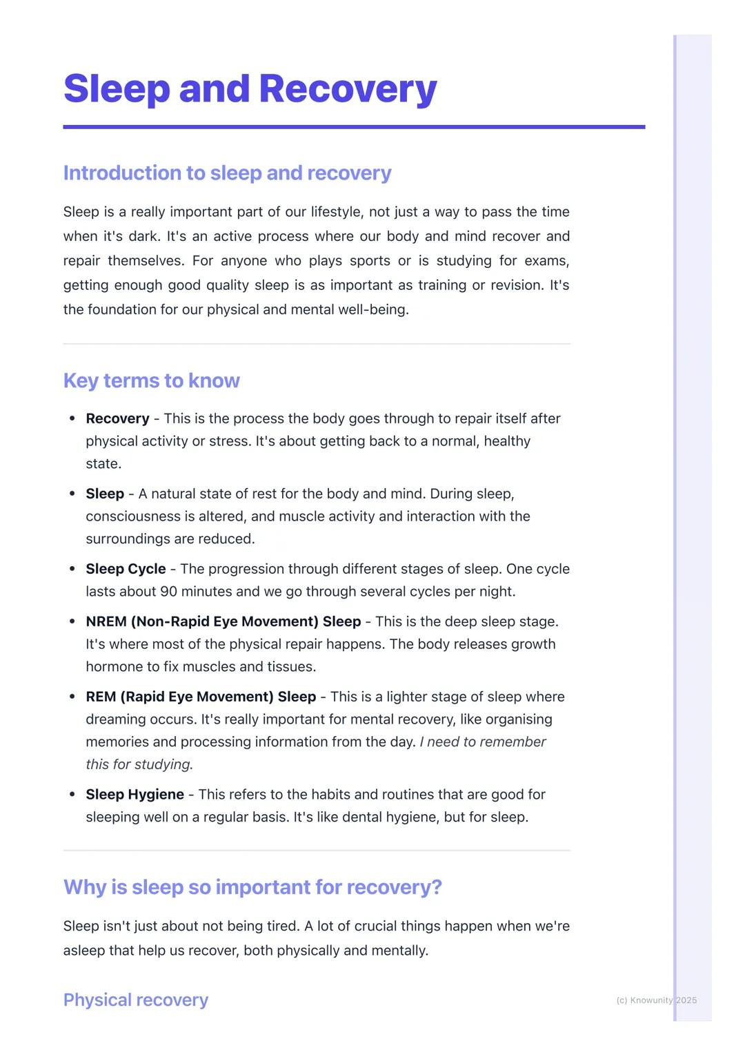 # Sleep and Recovery

## Introduction to sleep and recovery

Sleep is a really important part of our lifestyle, not just a way to pass the t